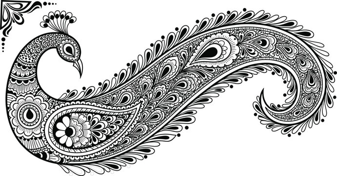 Intricate black and white peacock illustration with ornamental floral motifs, paisley shapes and decorative tail design inspired by traditional henna vector art