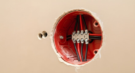Exposed electrical wiring installation in a wall socket viewed from above in a modern construction site