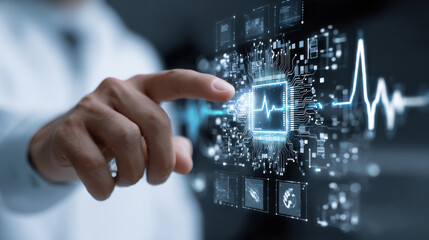 Fototapeta premium Artificial intelligence medical technology digital healthcare innovation data analysis virtual interface doctor hand heartbeat icon futuristic screen health data monitoring Artificial intelligence