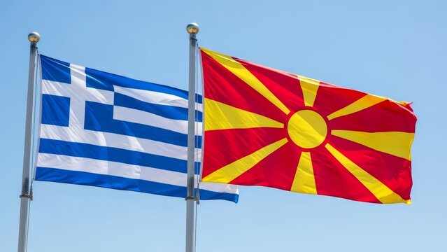Two national flags, Greece and North Macedonia, waving side-by-side against a clear blue sky during daylight