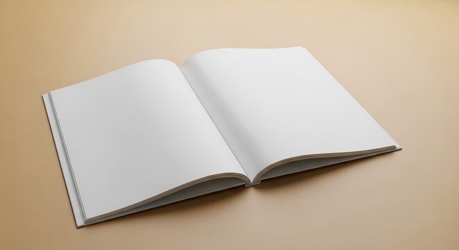 Blank open book mockup displayed on a smooth beige surface ready for creative content insertion and print design application mockups