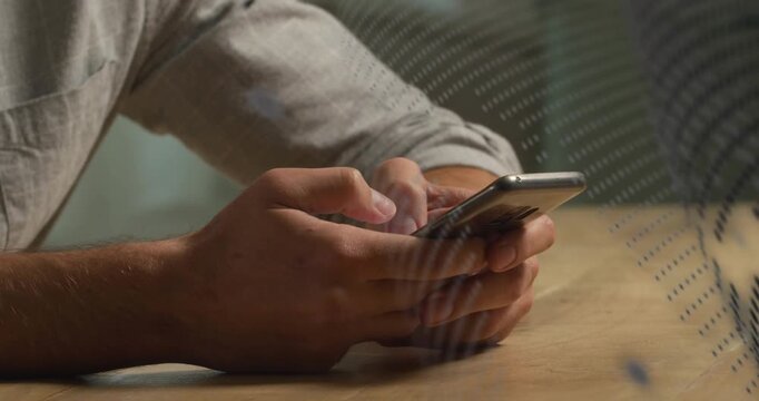 Man tapping smartphone using tech app, initiating UI changes while dotted overlay obscuring hands