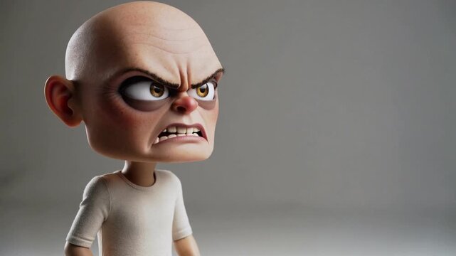 An angry cartoon character with a furious expression standing in a plain gray environment from a frontal viewpoint