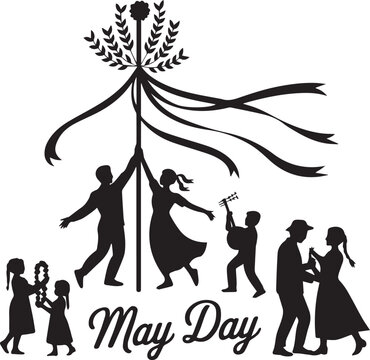 Black and white maypole celebration with dancing people and may day text