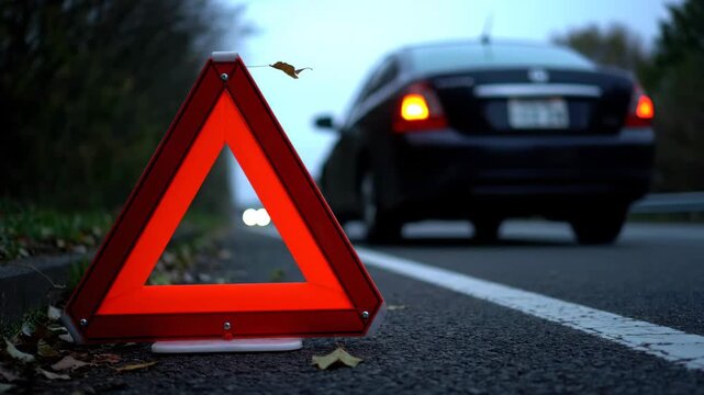 Emergency warning triangle placed on an asphalt road to signal a vehicle breakdown. Car with flashing hazard lights stopped on the shoulder needing roadside assistance