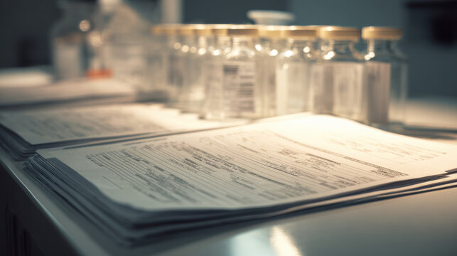 Doping control, documentation ready for analysis at sports competition. Vials containing biological samples are lined up next to stacks of official documents, indicating preparation for doping control