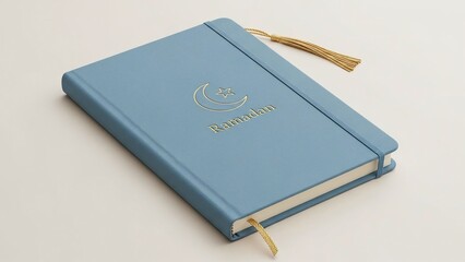 Blue Ramadan journal with gold crescent moon and star design lying flat on a neutral surface.