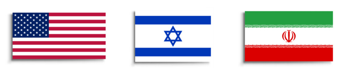 Fototapeta premium USA Israel and Iran national flags for international relations and geopolitical news coverage on a transparent background