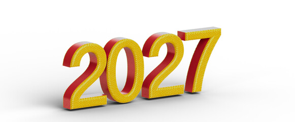 Bold 3D rendering of the year 2027 in yellow and red, against a clean white backdrop. Perfect for future predictions, b © vegefox.com