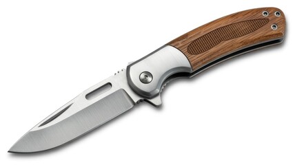 A sharp folding knife with a wooden handle and stainless steel blade on white.