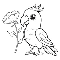 Fototapeta premium Cute Cartoon Parrot with Flower Line Art