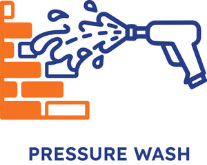Obraz premium Pressure wash icon with orange brick wall and blue nozzle on transparent background