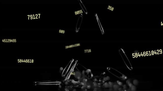 Gravity pulling glass rods down hitting mirror, forming pile to show data with drifting digits