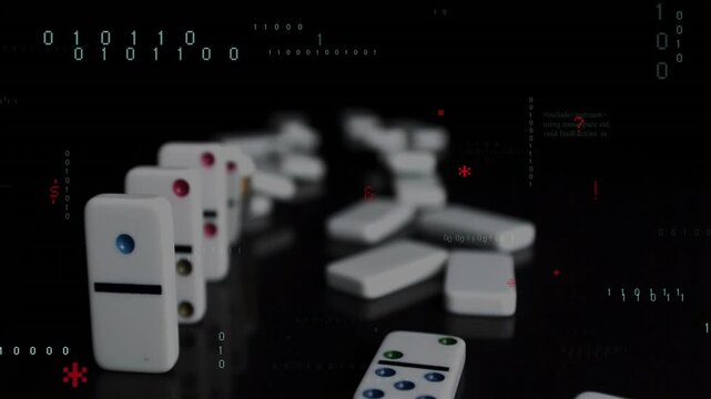 First tile tipping starting white domino cascade, binary or C++ code growing over scene, showing dat