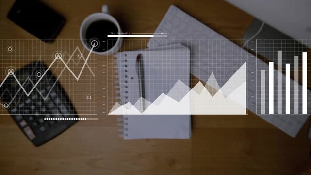 HUD overlays appearing above spiral-bound notepad with pen, animating charts and map for analytics