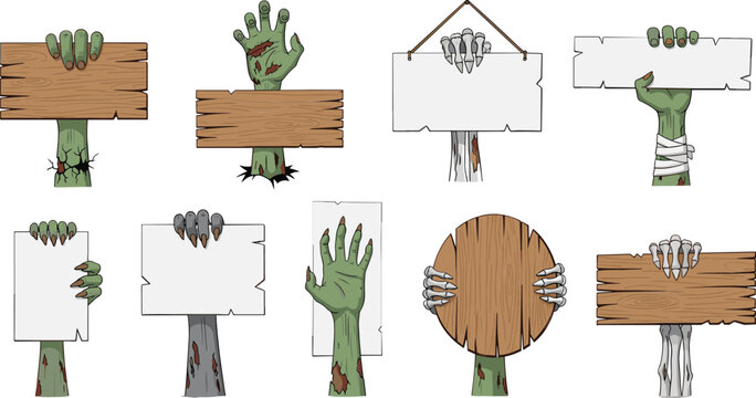 Zombie Hands Holding Wooden and Blank Signboards Illustration Set Featuring Horror, Halloween, Undead Warning Boards, and Spooky Message Placards