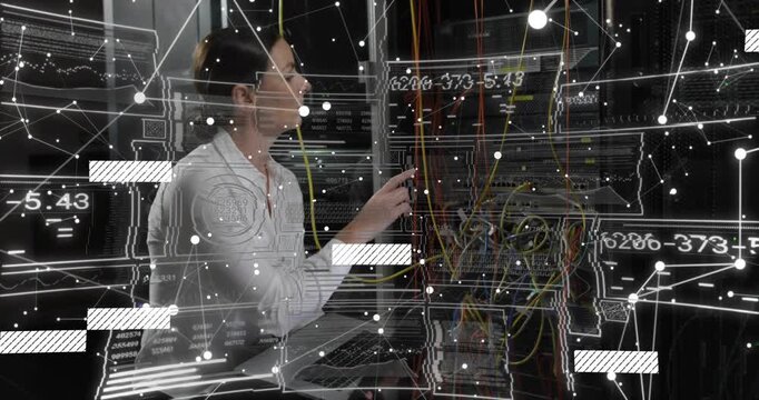 Network technician reading laptop logs, inserting yellow cable into rack, animated nodes guiding