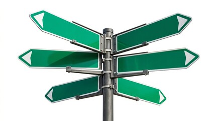 Obraz premium A green directional signpost with multiple blank arrows pointing in different directions on a white background