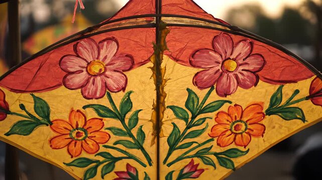 Traditional Kite with Floral Designs in Warm Sunlight
