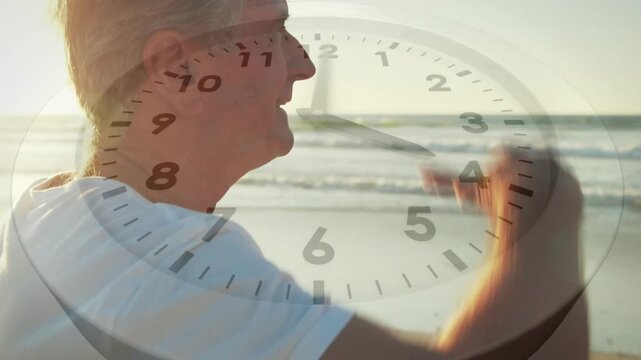 Senior man shielding from sun, scanning sea, faint clock overlaying marking passing time for health