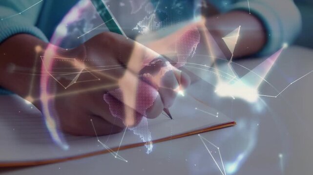 Right hand with green pencil making strokes, starting nodes forming orbiting globe showing learning