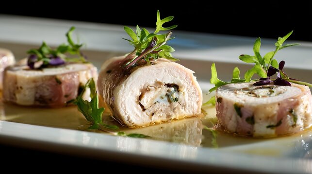 Rolled poultry galantine served chilled and glazed lightly with grape Prosecco aspic, clean decorative slices plated symmetrically, classic French charcuterie presentation