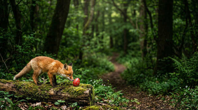 cute wild red fox (vulpes vulpes) cub looking at a red easter egg on a mossy log in the forest