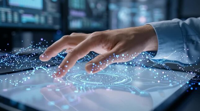Futuristic touchscreen interface with glowing blue particles and hand interaction in a high-tech control room environment, motion, video footage