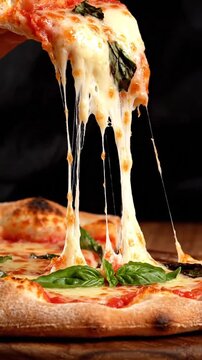 Hand lifting cheesy pizza slice with basil on wooden table