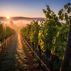 Fototapeta premium Vineyard rows bathed in golden sunrise light with rolling hills.