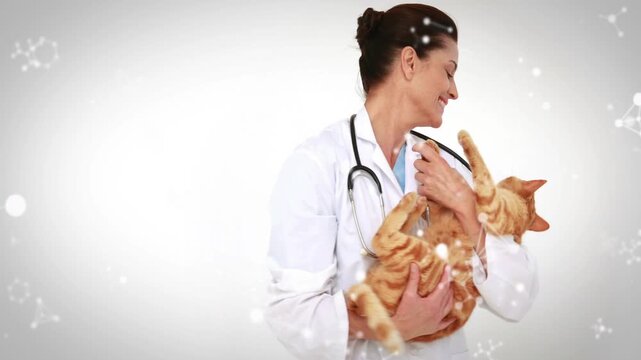 Woman vet holding tabby at chest, shifting grip stroking while snow overlay drifting showing exam