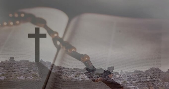 Subtle opacity shifting starting cross, rosary and open book slowly dissolving, evoking quiet mood