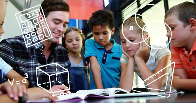 Male instructor pointing at open book, creating calculator and cube icons and teaching math