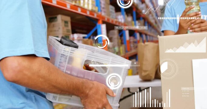 Volunteer walking with crate to donation box at food bank, woman inspecting oil, HUD aiding sorting