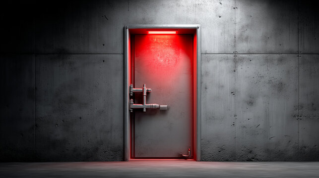 Aesthetic shot of a bunker's heavy steel blast door, glowing red emergency lights, Civil Defense Readiness, complex mechanical handle details, concrete textures, feeling of securit