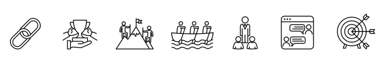 Icon link award achievement teamwork communication target strategy outline line icon set for business project, featuring chain, trophy, summit flag, rowing team, chat window, and bullseye goal © Alice a.