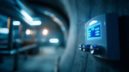 Fototapeta premium Close-up of a glowing digital ventilation control panel on a curved concrete wall, High-Tech Life Support, blue LED interface (no text), sterile air flow, sharp focus on the touch