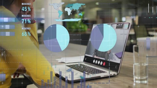 Remote host speaking, woman listening as business pie or bar charts expanding over laptop and woman