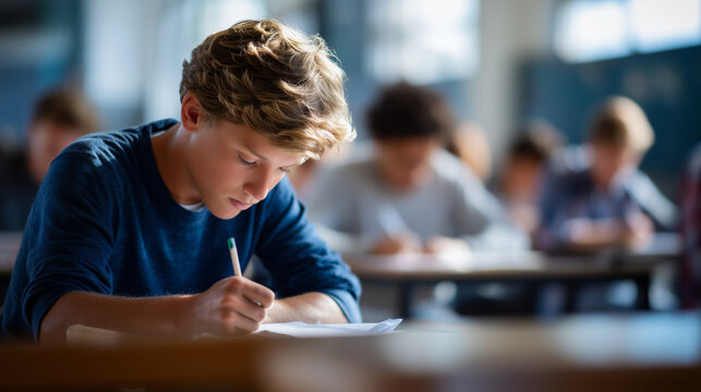 Faceless young students taking exams in classroom, multiple test-takers at desks, educational assessment in progress, academic testing environment, standardized examination, rows o
