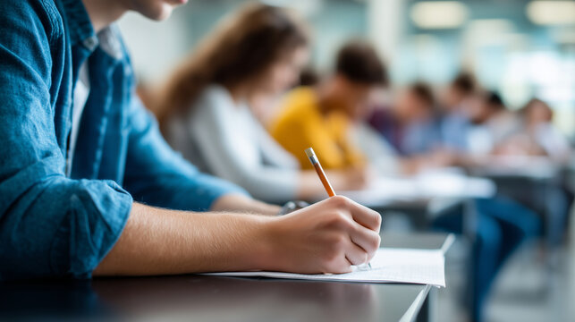 Blur school background showing faceless university students writing answers doing exam in classroom, out-of-focus perspective, examination in progress, rows of students at desks, h