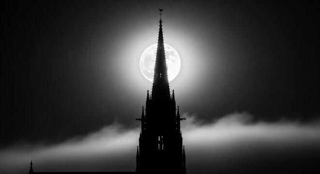 A dramatic black and white shot showing the sharp silhouette of a gothic church steeple positioned directly in front of a glowing full moon with misty clouds.