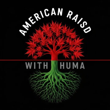 Flat vector tree logo symbol with roots and text 'American Raisd with Huma' in bold minimalist design