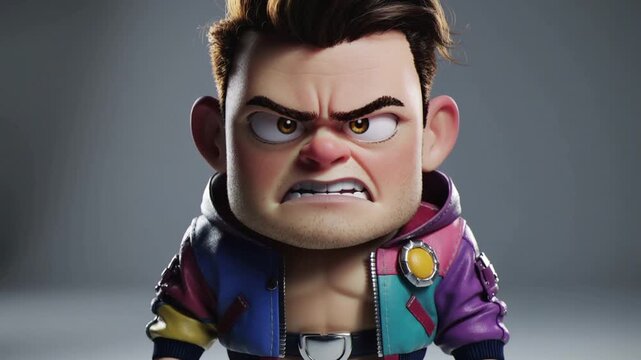 A cartoon character with an angry expression, furrowed brow, and scowling face, in a close-up 3D rendered view, like angry cartoon-20.mp4