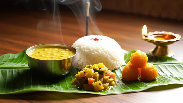 Traditional South Indian Meal Served on Banana Leaf with Rice Dal Vegetable Curry and Sweet Rice Balls Accompanied by a Lit Oil Lamp and Incense Smoke
