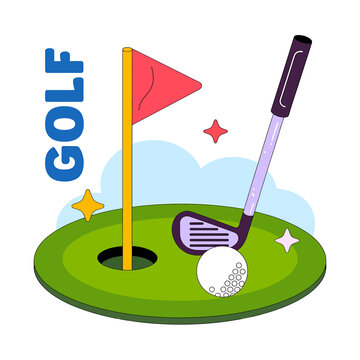 Golf club and ball on green  golf course hole with flagstick and red flag