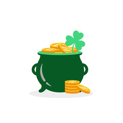 Naklejka premium Green Pot of Gold with Shamrock Clover Lucky Treasure Illustration. Vector Icon. EPS Editable