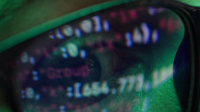 AI code on eyeglass glass, reflection on woman developer eyeglasses, working in dark office, tired busy people, depression on work, haker or it engineer with laptop, stocks markets. 
