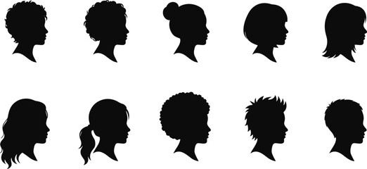 people head silhouette set, male and female profile collection, different hairstyle profiles, human side face icons, isolated black vector silhouettes © Ashadujjaman