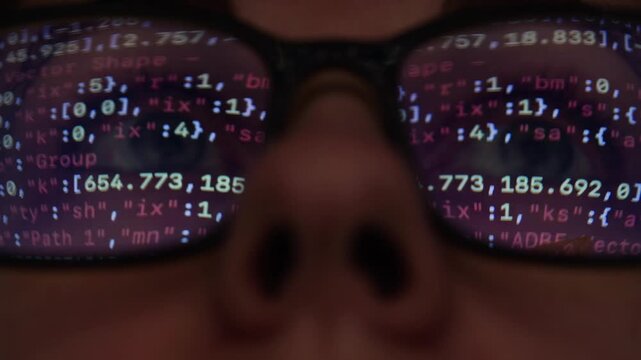 AI code on eyeglass glass, reflection on woman developer eyeglasses, working in dark office, tired busy people, depression on work, haker or it engineer with laptop, stocks markets. 