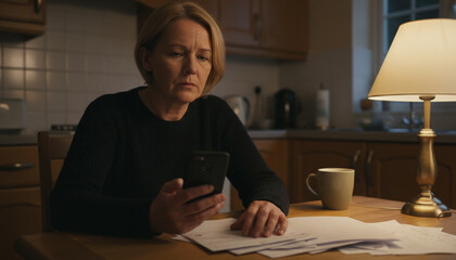 Fototapeta premium Middle-aged woman checking her smartphone while reviewing household bills at the kitchen table under warm evening lamp light.